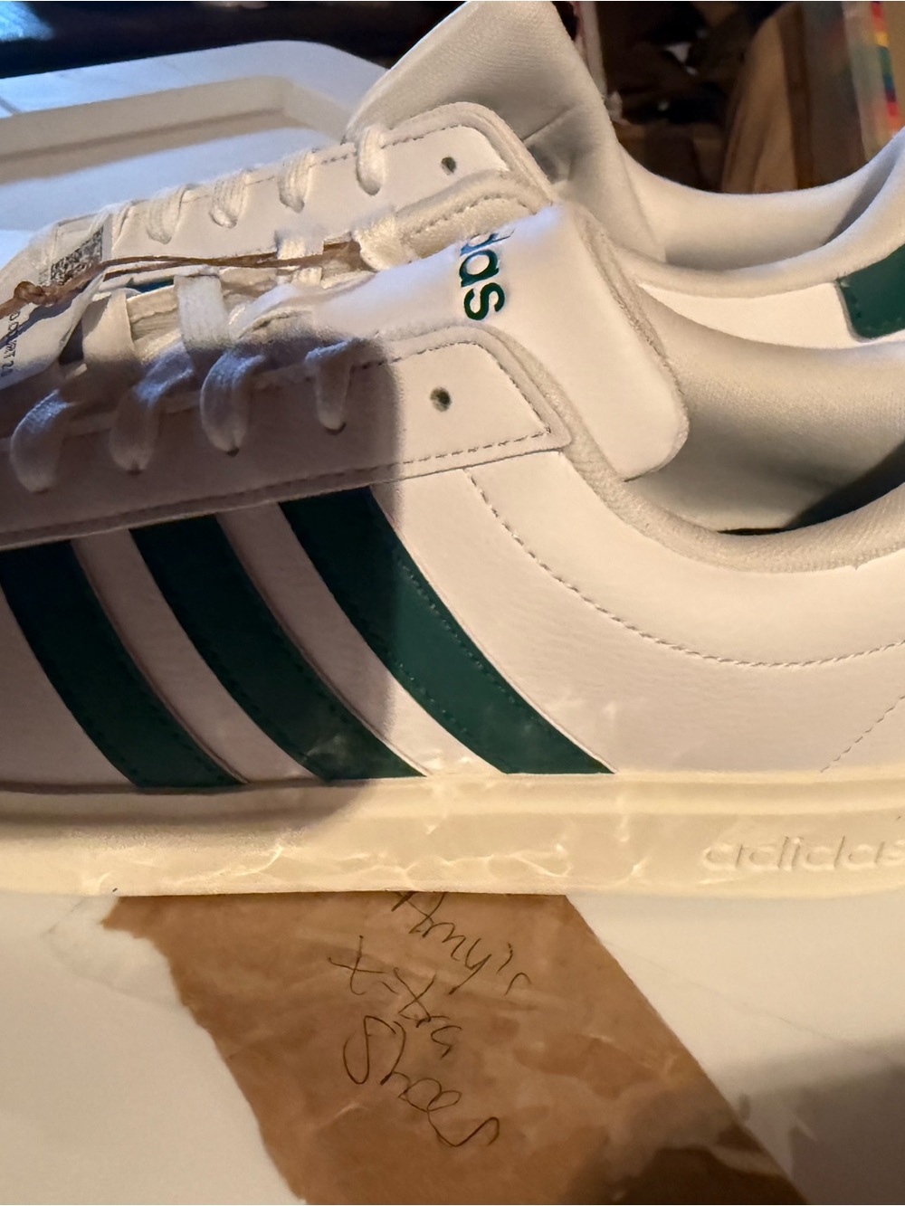 adidas White Sneakers with Green Stripes